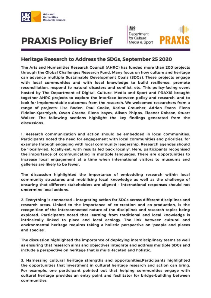 Policy Brief: Heritage Research to address the SDGs (Dec 2020)