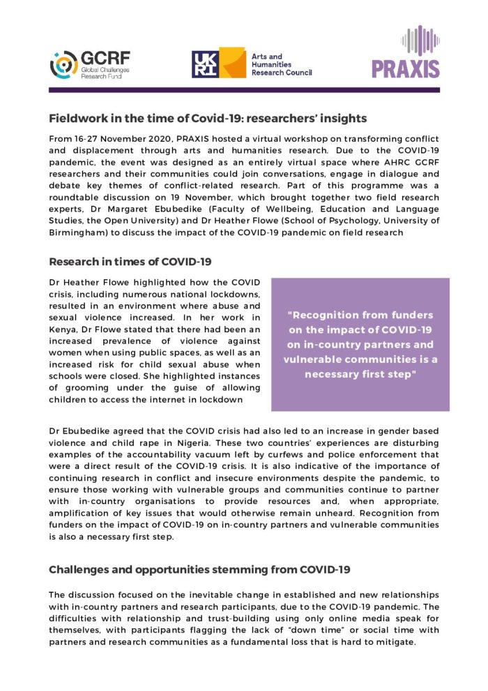 Fieldwork in the time of Covid-19: researchers’ insights
